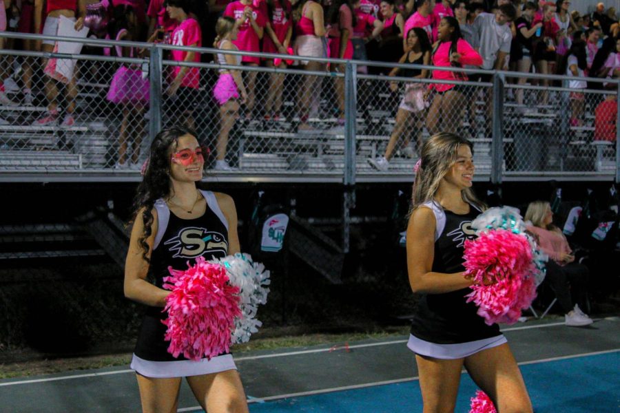 Pictured is sophomore Mackenzie King (Left) and sophomore Nevaeh Cabrera (Right) cheering at our Pink Out game!