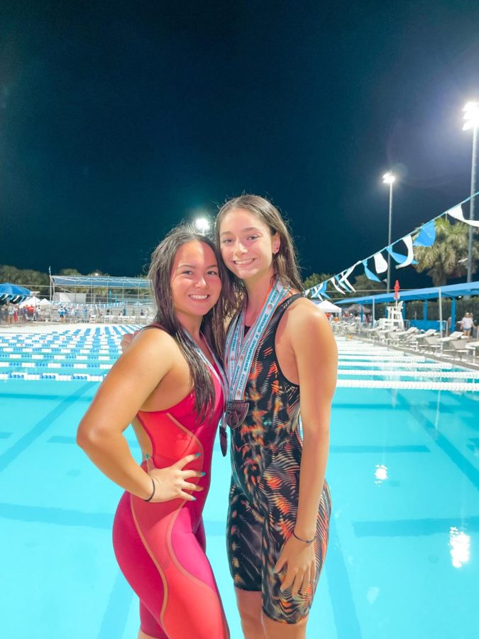 Junior Ava Edwards, and senior Madison Houck in the 2022 Florida High School Swimming & Diving State Championship.