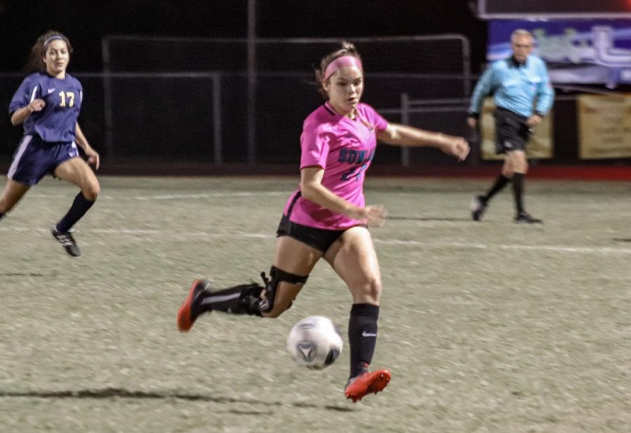Freshman Khloe Duran plays wing-back for the JV soccer. team against River Ridge High School. Khloe says I handle my nerves by just telling myself that I know Im going to have a good game and keep a positive mindset.