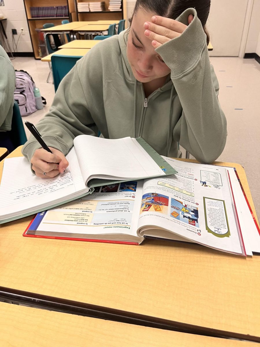 Sophomore Katrina Vega working on an assignment for her French II class. She loves the class and her teacher makes sure the students understand the material.