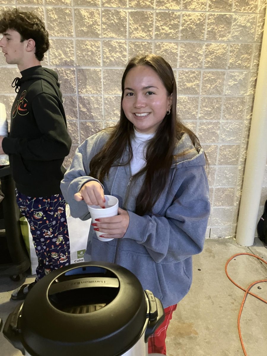 Ava Edwards at the student council hosted event where members handed out hot chocolate to Sunlake students. She, like most the other members, helped out in any way she could. It was quite the busy time, given the very long line of students looking for something to warm them up before school.