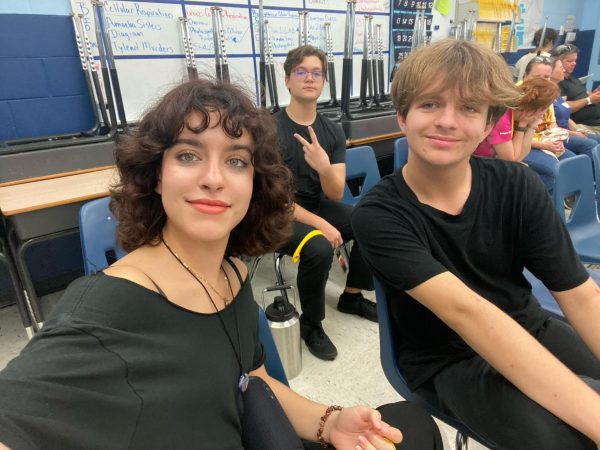 Seniors Isabel Ramos, Bryce Ford, and Collin Mallett at Thespians. These students participated in an acting/singing event this December. These three received scholarships for their amazing performances.