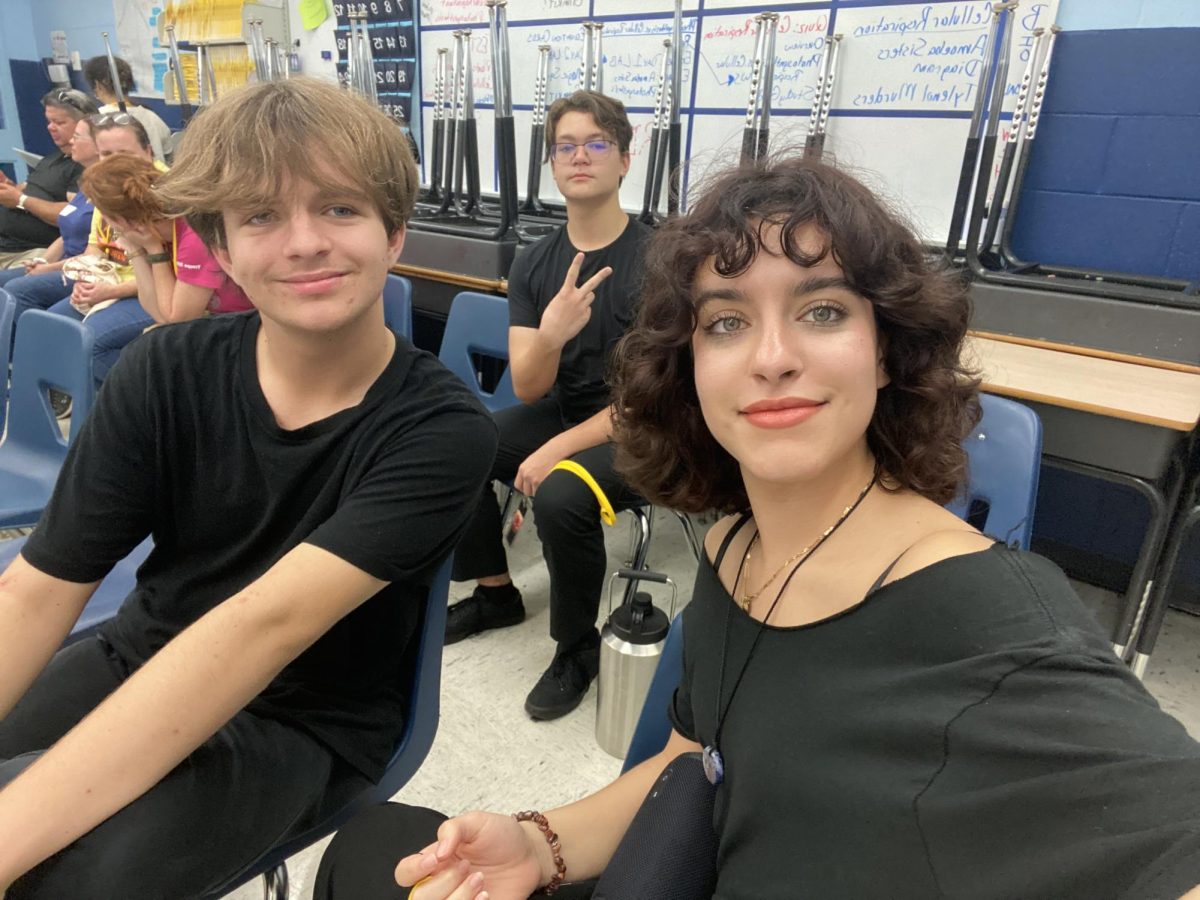 Senior Collin Mallet attended the District Thespians competition, where he won a Thespy scholarship. He is pictured here with other seniors, Bryce Ford and Isabel Ramos. 