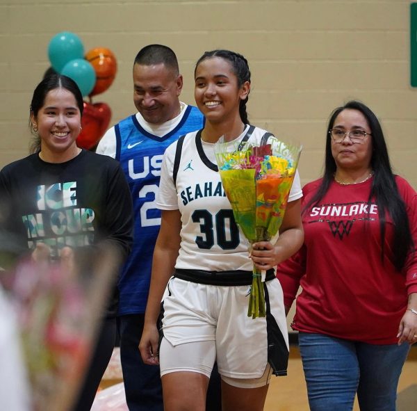 Senior Alyssa Rivera at senior night during the ceremony walking with her family. She said, It was a sad experience walking down the court, but with my family by my side it was comforting. Alyssa loves her team and she will miss them so much. 