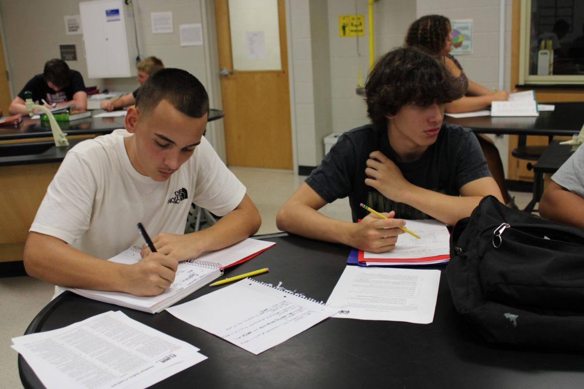 Joshua Rogerson (right), tenth grade, engaging in Mrs. Latimore's chemistry class with a lab partner. (Picture used with permission).