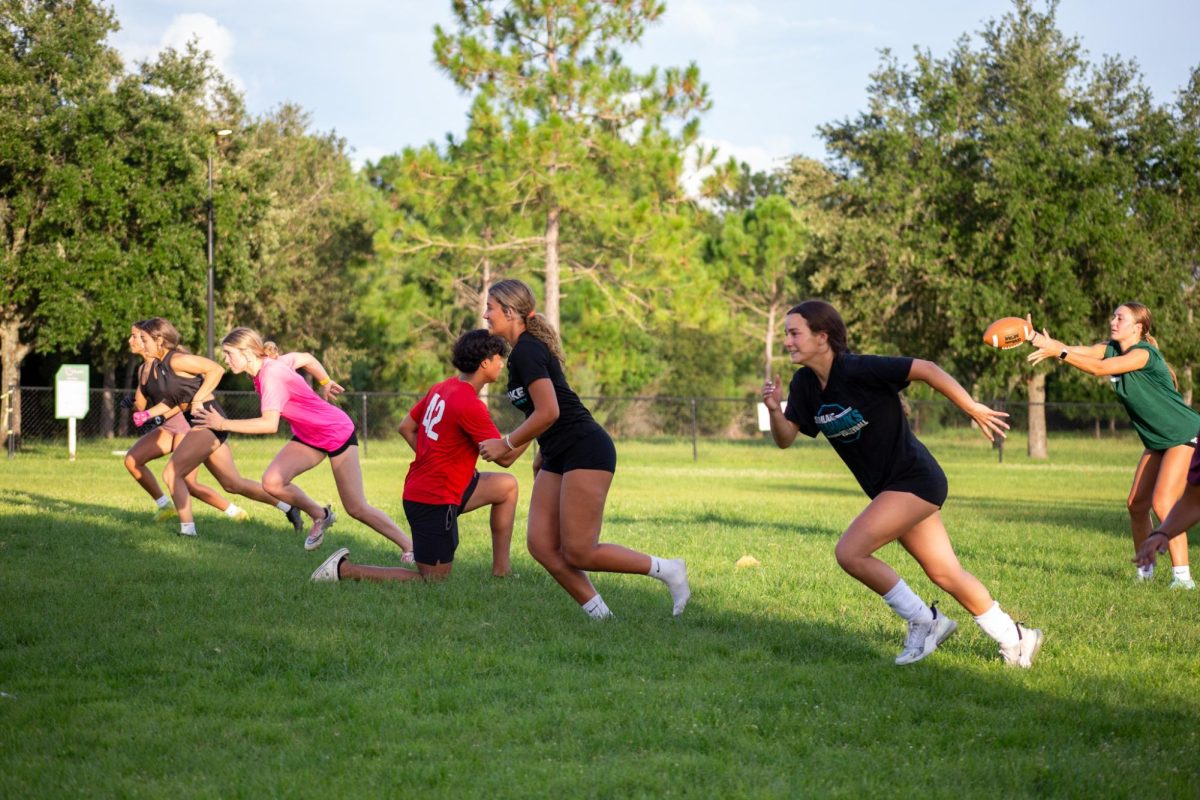 Senior, Sofia Perez and her classmates practicing for a powderpuff win. She stated that they practice, "three times a week," in order to ensure they beat the freshmen, sophomores, and juniors.