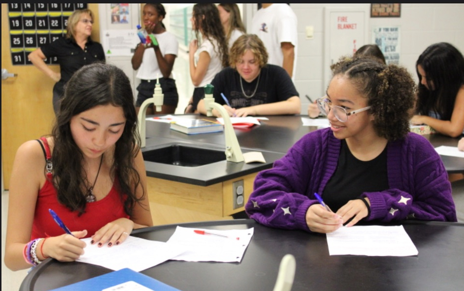 Savanna working on her chemistry assignments during fourth period in Mrs Latimores class.