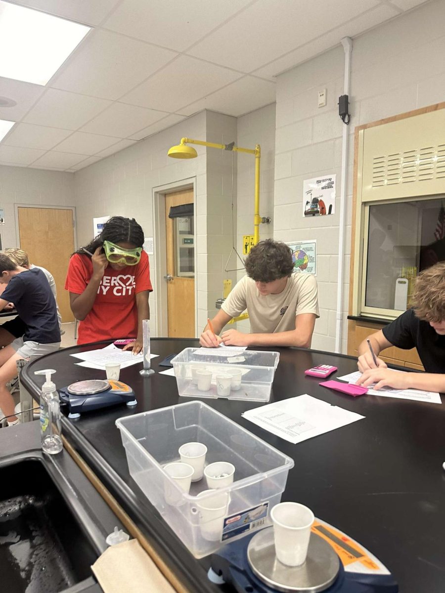 In this picture Rey Anderson and her lab group are working on a lab. They are working on the 'Comparing density of metal lab' in Chemistry. Rey has been really understanding the material lately because she said "I have an amazing teacher."