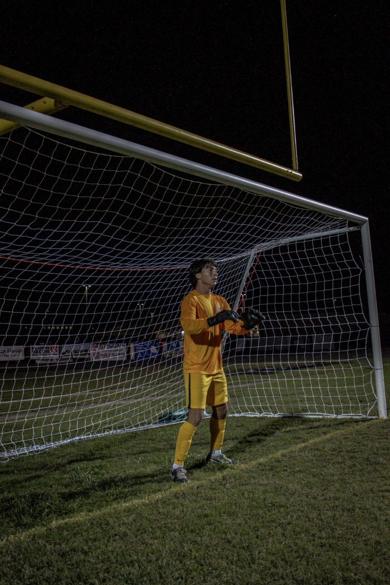 Allister Boostrom, Senior, in his position as goalkeeper. Allister's biggest strengths in his position are his "communication and [my] shot-stopping ability" and while he also has his weaknesses, he is working them and "turning them into strengths." Week of 11/4-8.