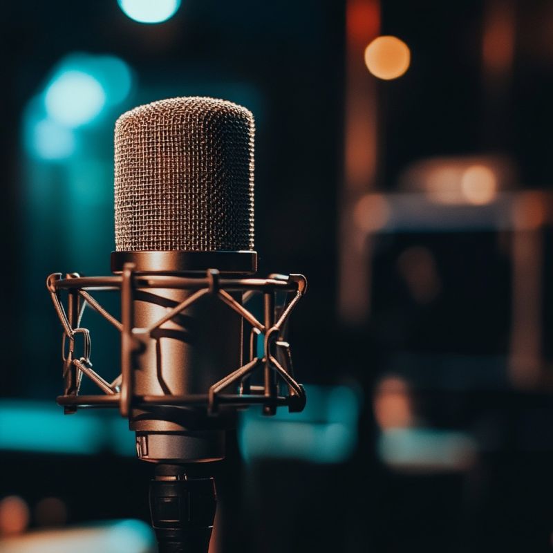 ("Microphone" LinkedIn) A Microphone in Front of an Empty Studio.