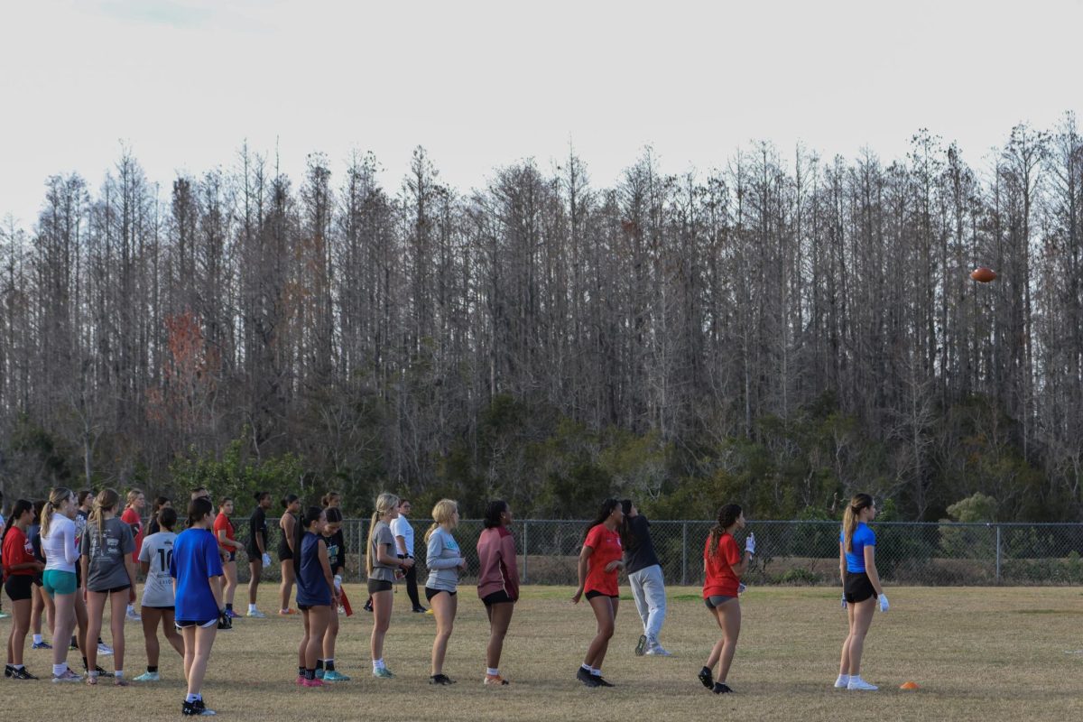 Skylar Graffam (right), junior, at Sunlake girls flag football tryouts. 1/27/25