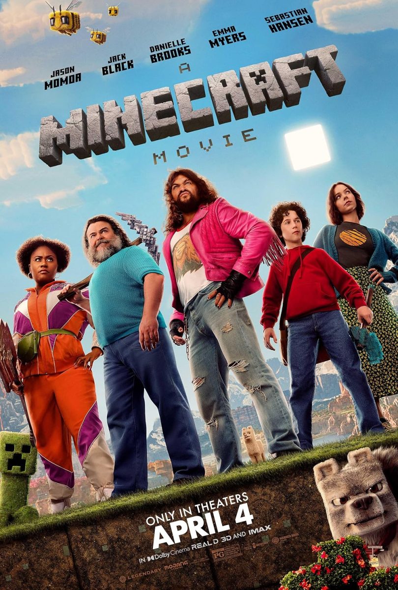 The poster for "A Minecraft Movie" is pictured. It features the main cast of the movie consisting of Jason Momoa, Jack Black, and many others.
