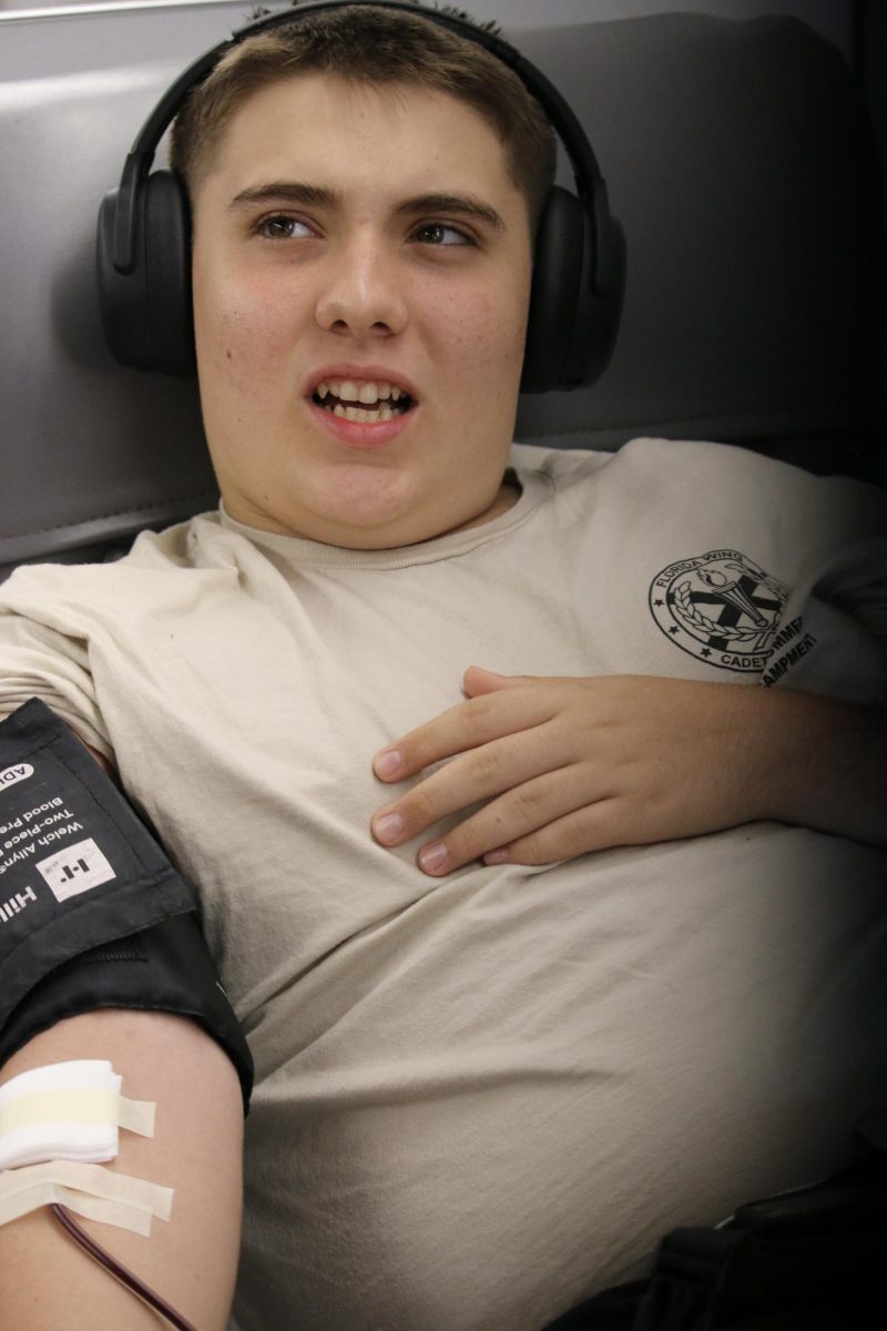 This photo features Alex Clawson, a participant in the blood donation. Despite the process being nerve-racking, the phlebotomists (medical professionals who draw blood) were very comforting and inviting.