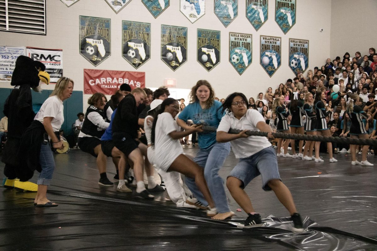 A snapshot of one of the rounds of tug of war taking pace at the pep rally.