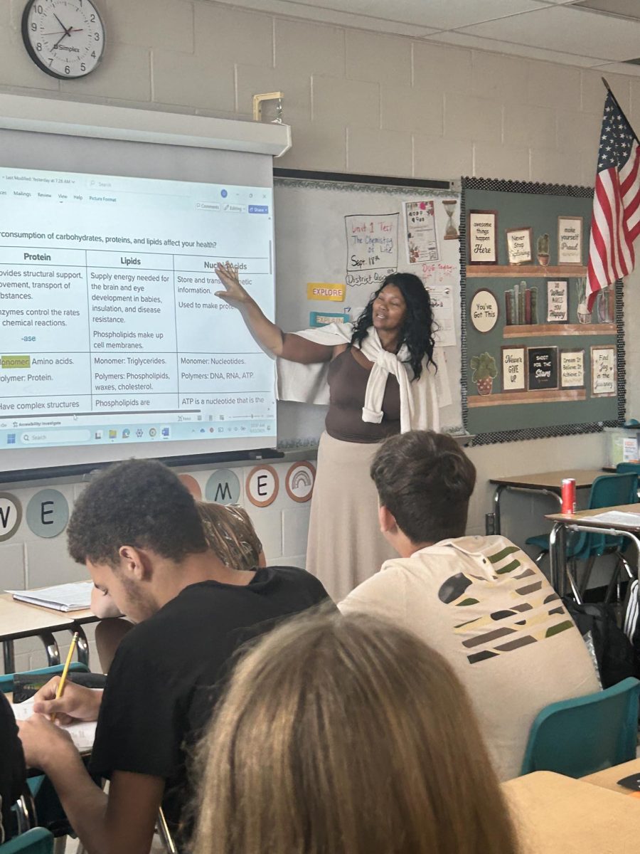 Ms. Janess, explaining the assignment of the day on the board. 