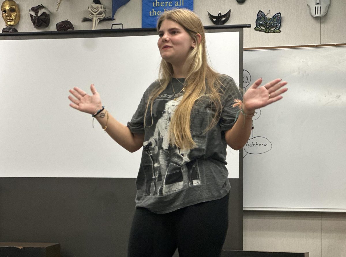 Bianca Casimiri; Freshman, performing her comedy-focused, monologue audition in the Theatre portable. "A little while before the audition, I researched monologues that were under the 3-minute limit and were appropriate."